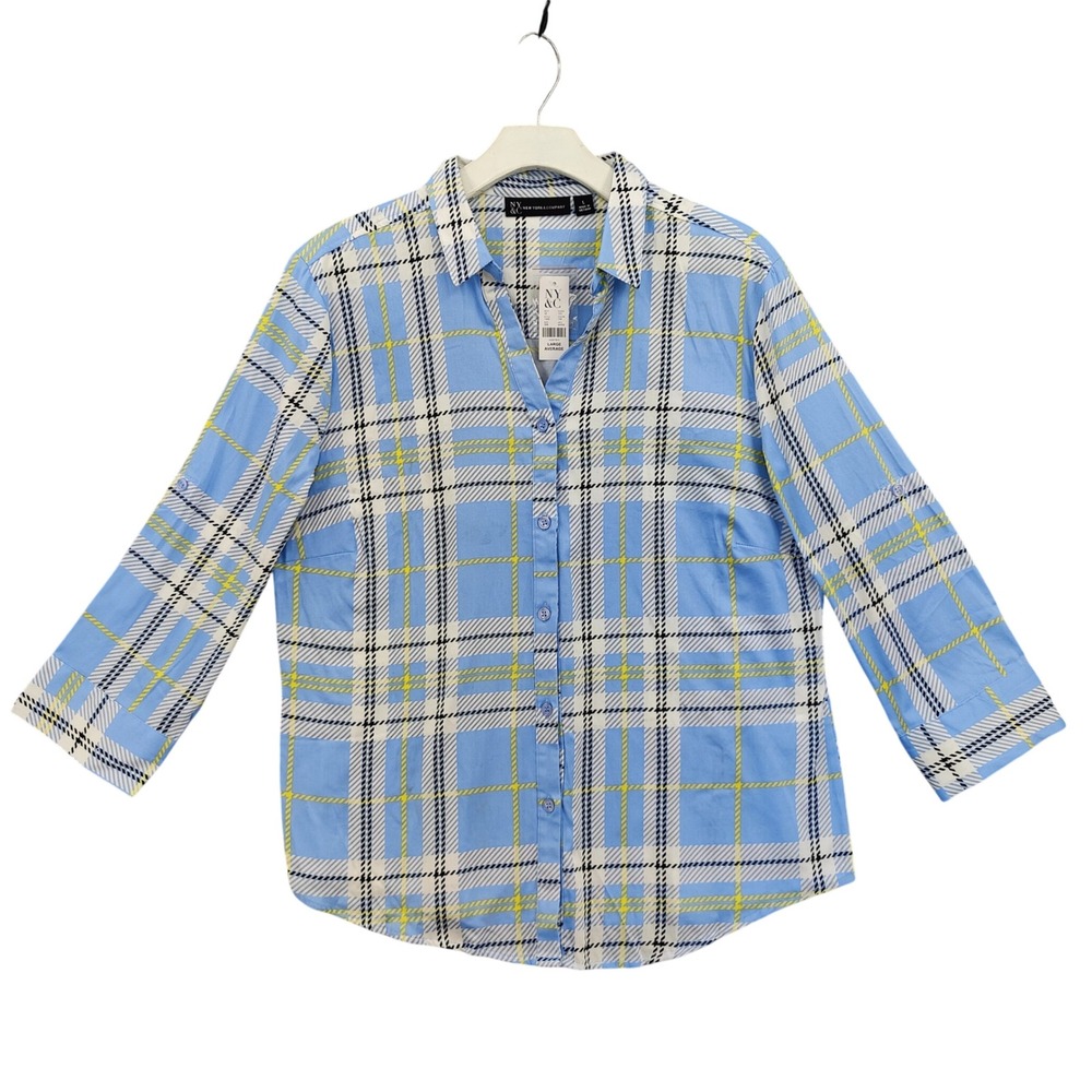 New York & Company Womens Preppy Coastal Plaid Shirt L Blue Roll-Tab Sleeve NEW